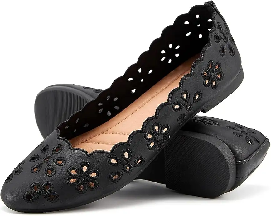Women's Ballet Flats Black PU Leather Dress Shoes Comfortable Round Toe Slip on Flats with Breathable Eyelets - Image 8