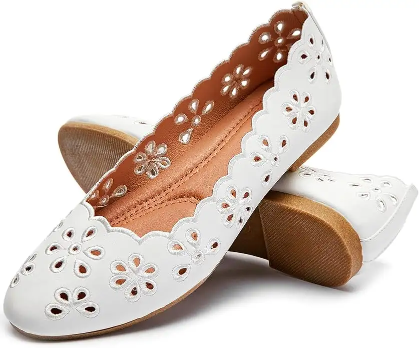 Women's Ballet Flats Black PU Leather Dress Shoes Comfortable Round Toe Slip on Flats with Breathable Eyelets - Image 9